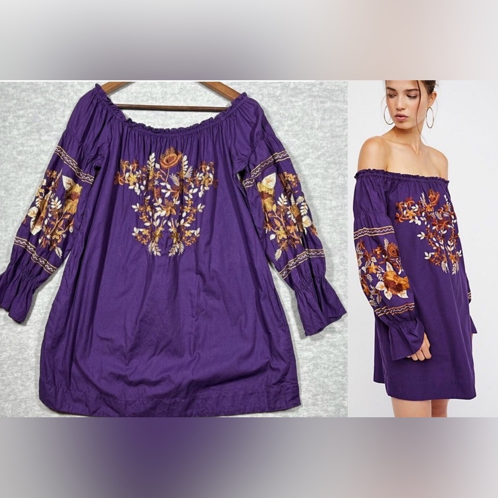 Free People Dress M Purple Embroidered Boho Fleur Du‎ Jour Peasant Off Shoulder